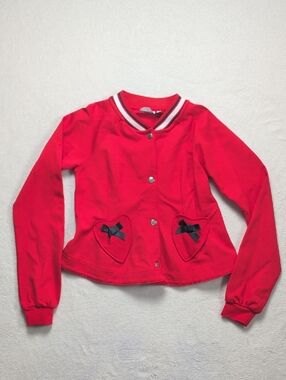 A-Dee Red Cotton Jersey Varsity Jacket with Heart Bow Pockets | Size 10